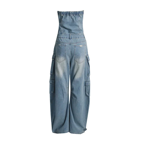 Strapless Denim Cargo Pants Jumpsuit