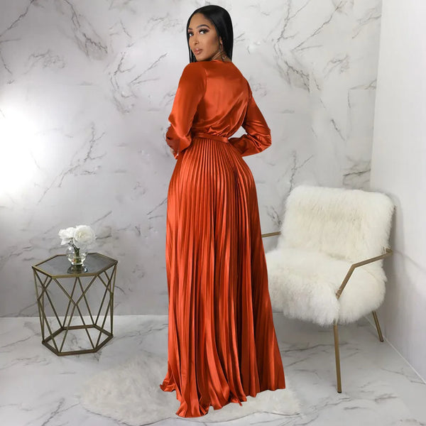 Solid Color V-Neck Lantern Sleeve Pleated Dress