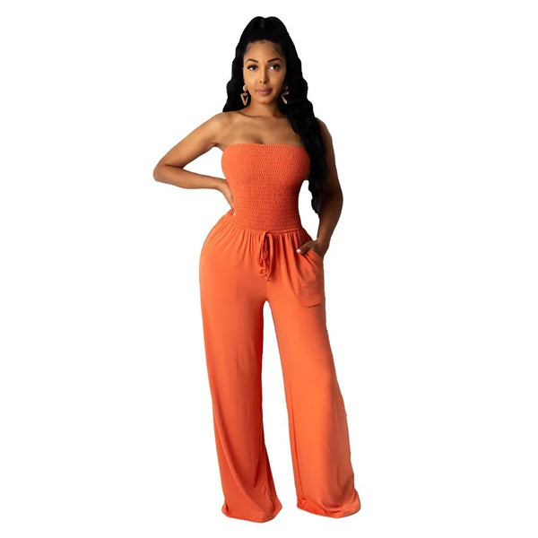 Strapless Pleated Wide Leg Jumpsuit