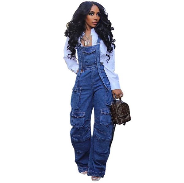 Denim Multi-Pocket Wide Leg Cargo Overalls