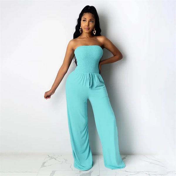 Strapless Pleated Wide Leg Jumpsuit