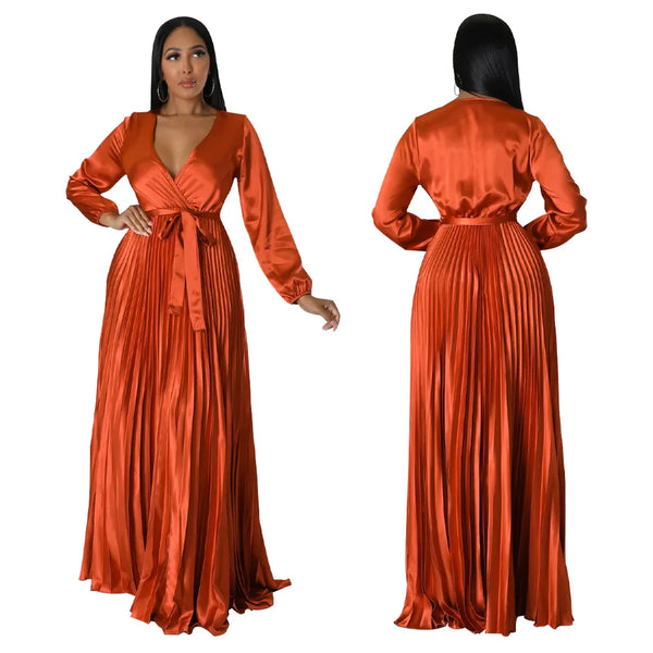 Solid Color V-Neck Lantern Sleeve Pleated Dress