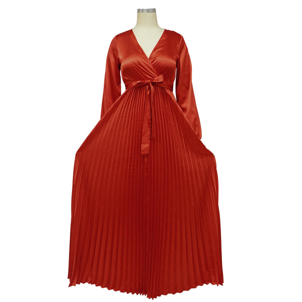 Solid Color V-Neck Lantern Sleeve Pleated Dress