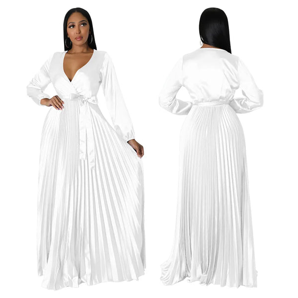 Solid Color V-Neck Lantern Sleeve Pleated Dress
