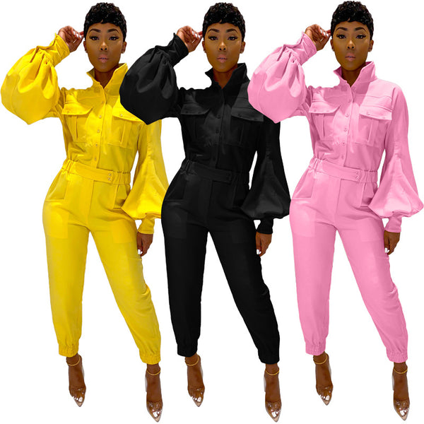 Lantern Sleeves Pocket Jumpsuits