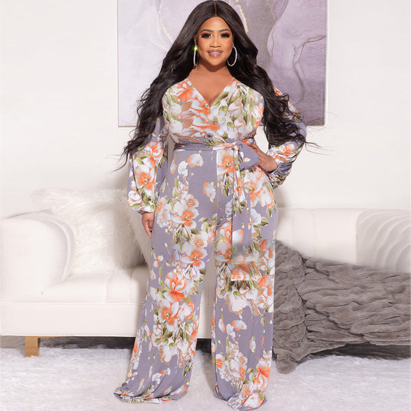 Floral Print Loose Waist Strap Jumpsuit