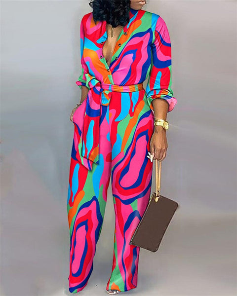 Elegant Geometric Printed Long Sleeve Jumpsuit
