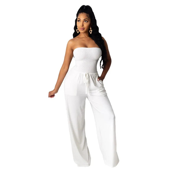 Strapless Pleated Wide Leg Jumpsuit
