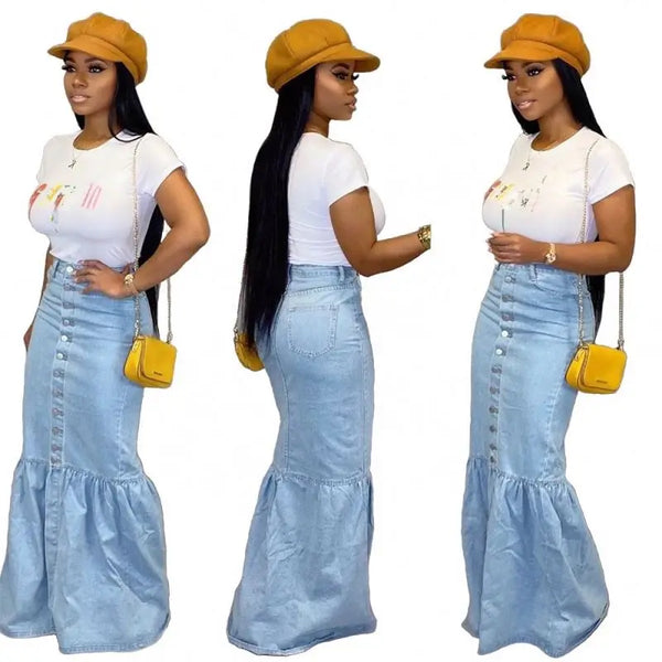Slim Bud Patchwork Blue Jean Skirt