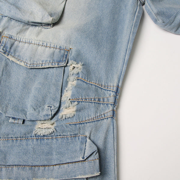 Strapless Denim Cargo Pants Jumpsuit