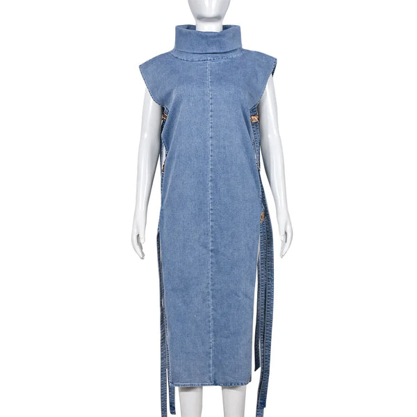 Hollow Out Sleeveless Long Split Buckle Jean Skirts Vest