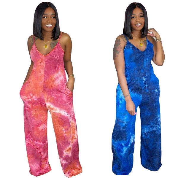 Tie Dye Halter V-Neck Jumpsuit