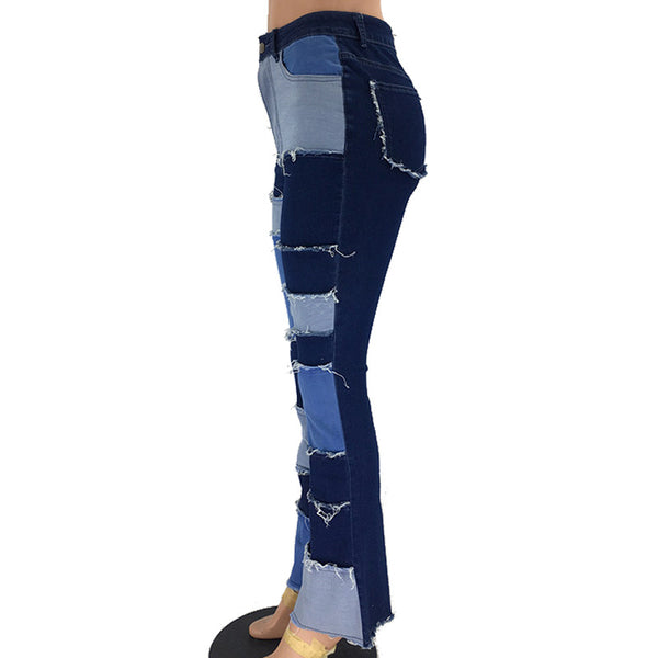 Denim Patchwork High Waist Jeans With Tassel