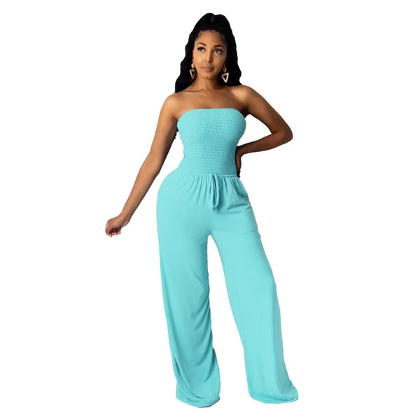 Strapless Pleated Wide Leg Jumpsuit