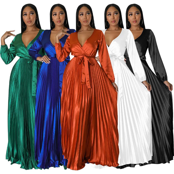 Solid Color V-Neck Lantern Sleeve Pleated Dress