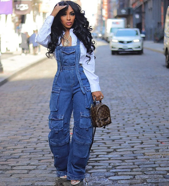 Denim Multi-Pocket Wide Leg Cargo Overalls