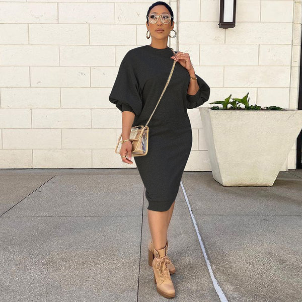 Five-Point Lantern Sleeve Sweater Dress