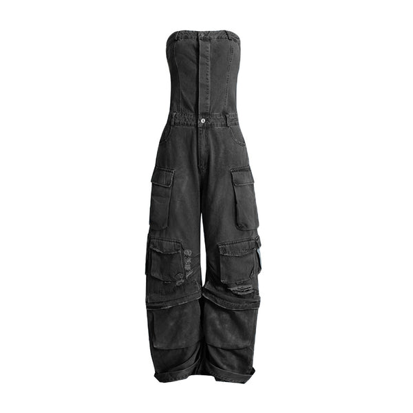 Strapless Denim Cargo Pants Jumpsuit
