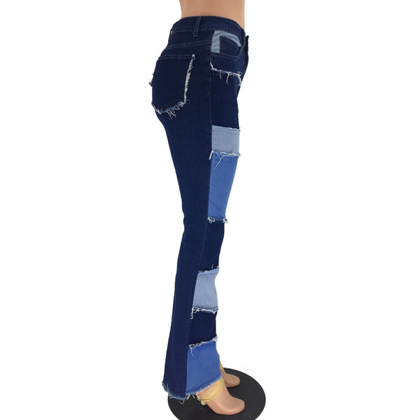 Denim Patchwork High Waist Jeans With Tassel