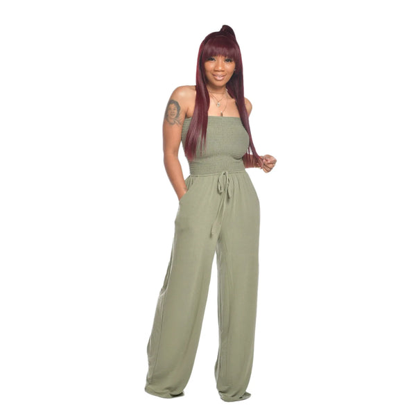 Strapless Pleated Wide Leg Jumpsuit