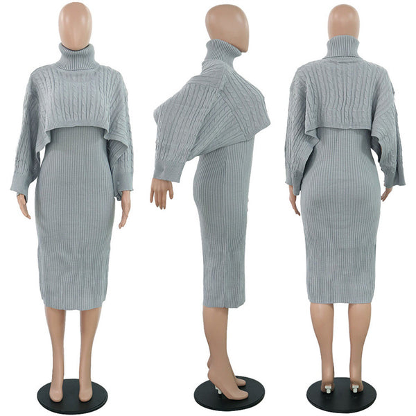 A light gray ribbed knit turtleneck sweater and matching pencil dress displayed on three mannequins against a white background, showing front, side, and back views.
