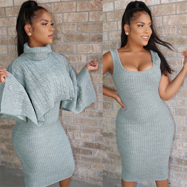 A woman modeling a light sage green ribbed knit dress in a split view, showing two styles: a turtleneck sweater dress with wide buttoned sleeves on the left, and a scoop-neck sleeveless ribbed mini dress on the right, both against a brick wall background.