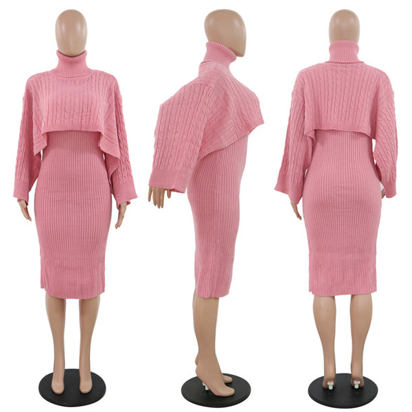 Pink ribbed knit dress set on mannequins from multiple angles