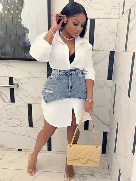Solid Lapel Long Sleeve Single Breasted Shirt with Irregular Denim Skirt