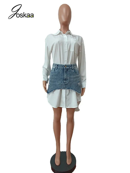 Solid Lapel Long Sleeve Single Breasted Shirt with Irregular Denim Skirt