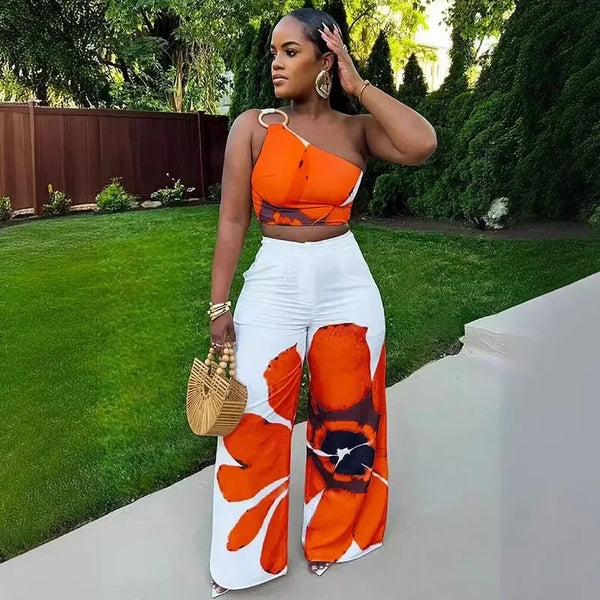 Floral Print One shoulder and pant Set