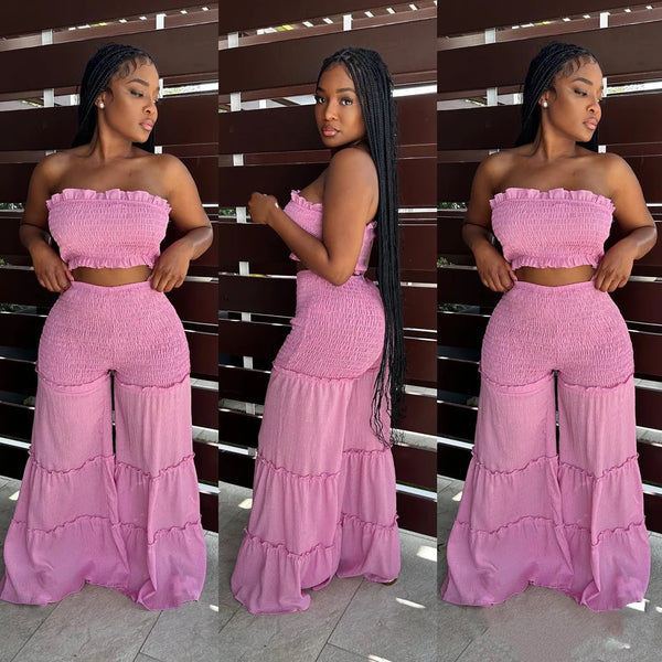 Strapless Crop top and Boho Ruffled Pant Sets