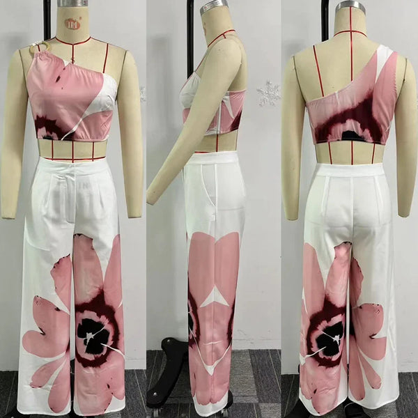 Floral Print One shoulder and pant Set