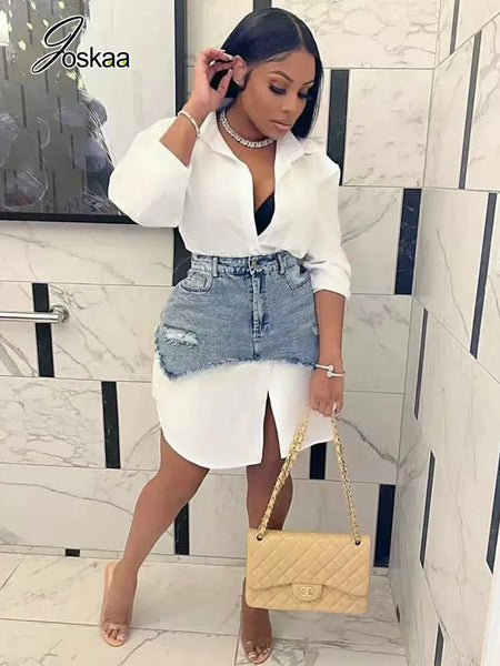 Solid Lapel Long Sleeve Single Breasted Shirt with Irregular Denim Skirt