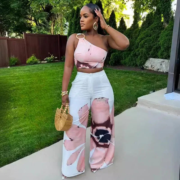 Floral Print One shoulder and pant Set