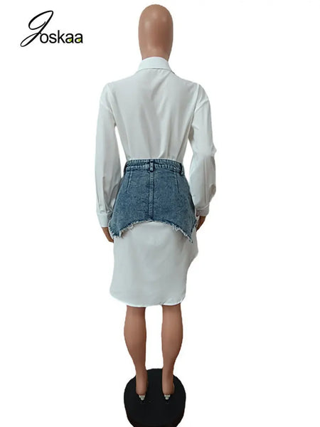 Solid Lapel Long Sleeve Single Breasted Shirt with Irregular Denim Skirt