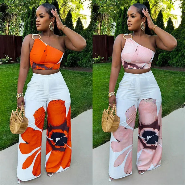 Floral Print One shoulder and pant Set