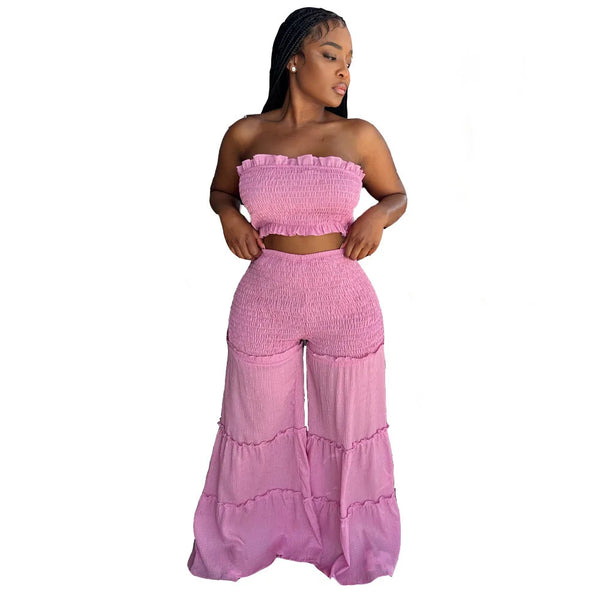 Strapless Crop top and Boho Ruffled Pant Sets