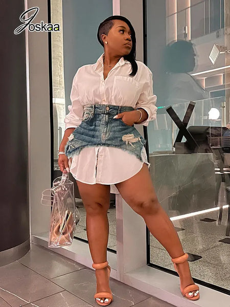 Solid Lapel Long Sleeve Single Breasted Shirt with Irregular Denim Skirt