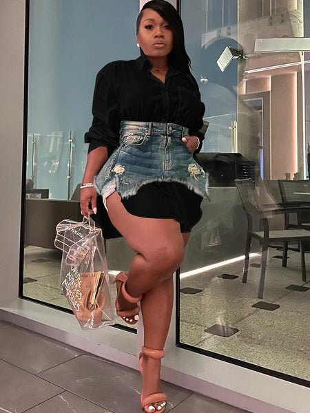 Solid Lapel Long Sleeve Single Breasted Shirt with Irregular Denim Skirt