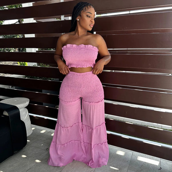 Strapless Crop top and Boho Ruffled Pant Sets