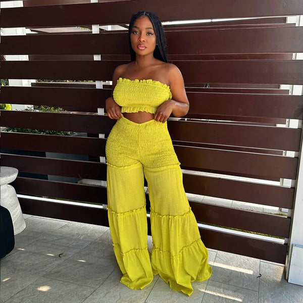 Strapless Crop top and Boho Ruffled Pant Sets
