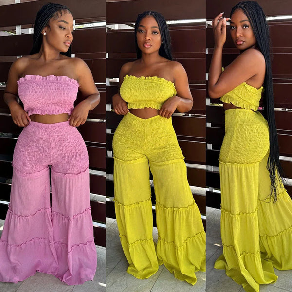 Strapless Crop top and Boho Ruffled Pant Sets