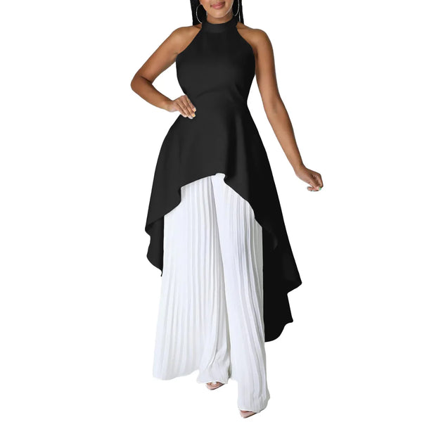 Elegant Backless Top and Pleated Wide Leg Pants Suit