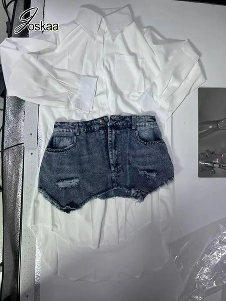Solid Lapel Long Sleeve Single Breasted Shirt with Irregular Denim Skirt