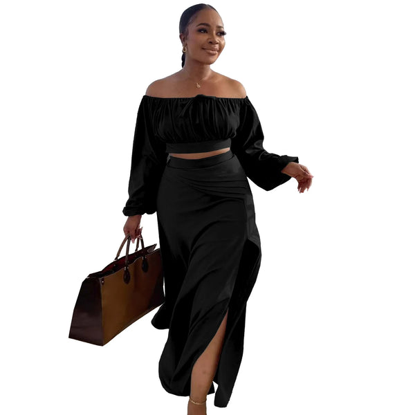 Woman wearing a black outfit with a brown handbag on a white background