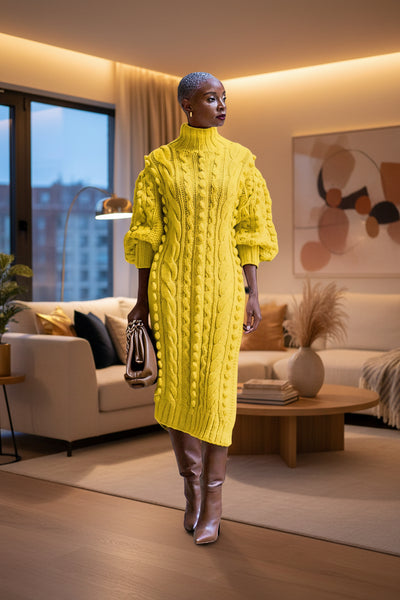 Woman wearing yellow cable knit dress with brown boots in a living room.