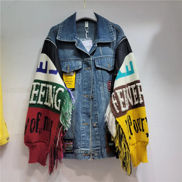 Letter Tassel Knitted Denim Coat