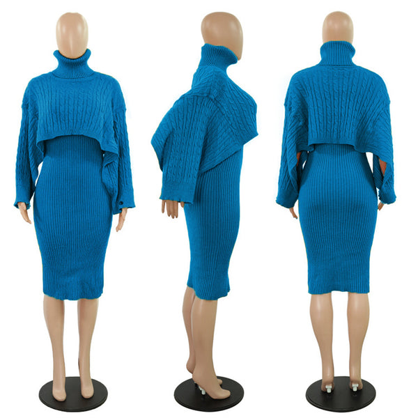 A bright blue ribbed knit dress displayed on three mannequins, showing the front, side, and back views against a plain white background.