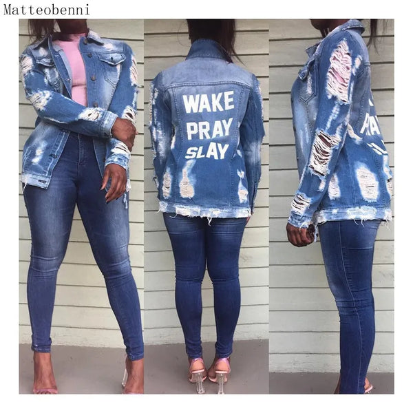 Wake Pray Slay Ripped Cowboy Denim Jacket