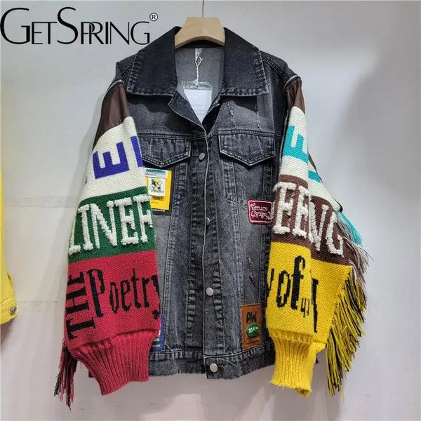 Letter Tassel Knitted Denim Coat